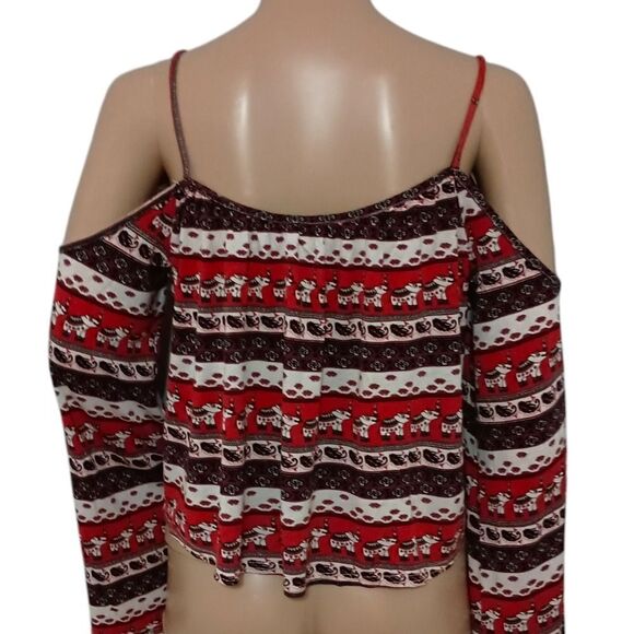 Y2K H&M Elephant Print Top XS Coachella Cold Shoulder Boho Peasant Bohemian Crop - Picture 5 of 12